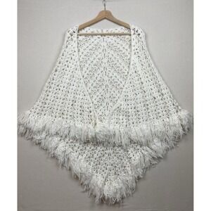 Boho Vintage Crochet Fringe Shawl Ivory White Coachella Festival Coastal Love